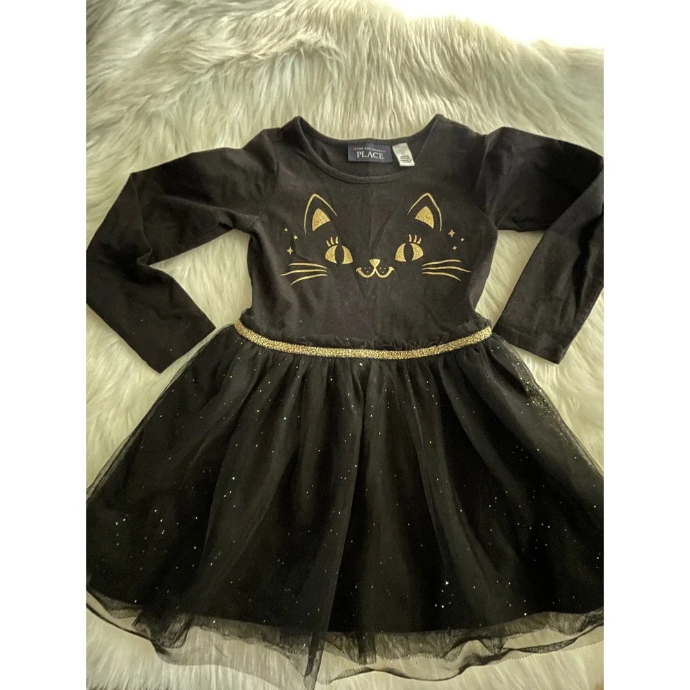 The Children's Place Long Sleeve Toddler Girls Glitter Cat Tutu Dress Black 3T